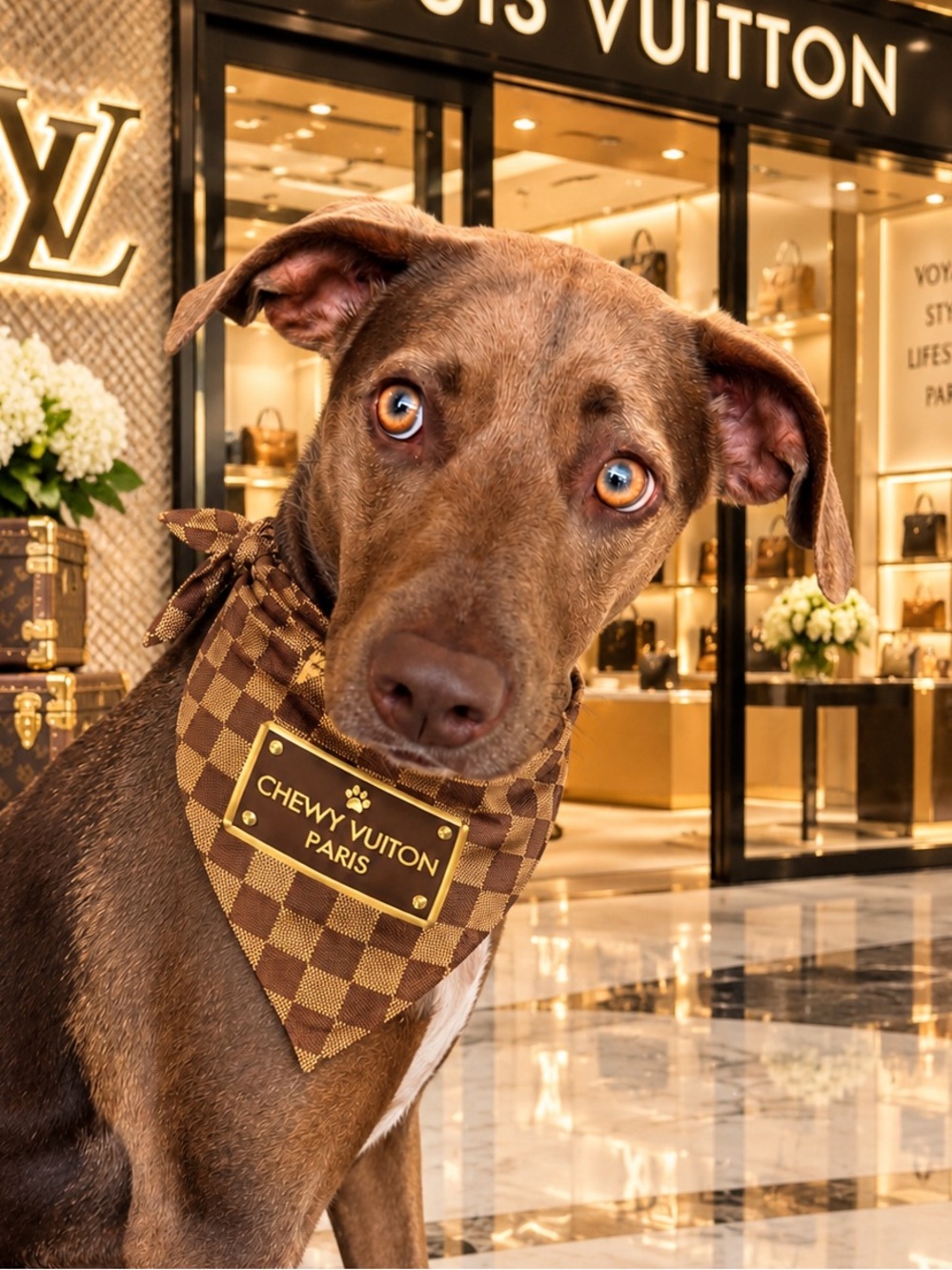 Chewy Vuiton Brown Checkered Dog Bandana Designer Fashion Scarf Small or Large